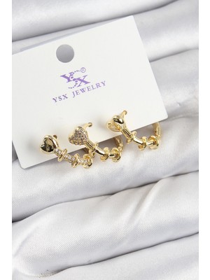 Bfs Pirinç Zirkon Taşlı Kalp Model Gold Renk 3'lü Kadın Küpe