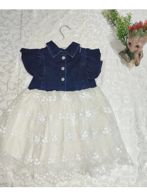 Zarif Mavi Brode Detaylı Kız Çocuk Elbisesi