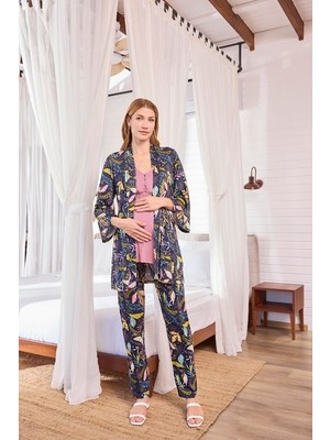 Monamise Yaprak Desenli ve Dantelli Hamile Lohusa 3'lü Pijama Takımı