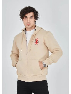 Unisex Baskılı Tam Fermuarlı Kapşonlu Sweatshirt - Bej