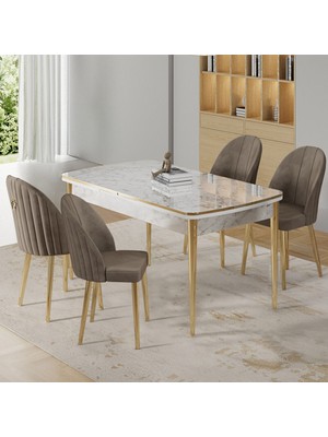 Rada Serisi 80X132 Açılabilir Lak Panel Beyaz Mermer Desen Masa 4 Cappucino Sandalye Gold Detay