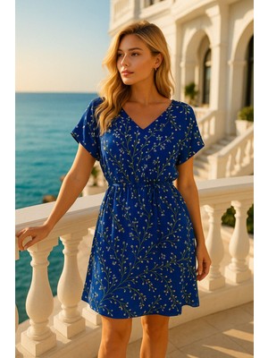 Kadın Desenli Çiçekli V Yaka Elbise-Saks Mavi Bel Büzgülü Yazlık Rahat Elbise