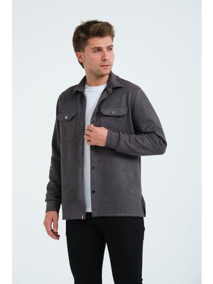 Gri Erkek Süet Gömlek Tişört Üstü Kalın Gömlek Füme Ceket