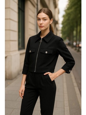 Siyah Gömlek Yaka Fermuarlı Kadın Alt Üst Takım – Şık ve Rahat Günlük Kombin