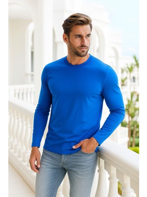 Erkek Uzun Kollu Bisiklet Yaka Tişört - %100 Pamuk Basic Relaxed T-Shirt
