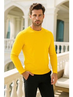 Erkek Uzun Kollu Bisiklet Yaka Tişört - %100 Pamuk Basic Relaxed T-Shirt