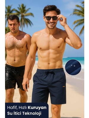 Erkek 2'li Paket Fit Kısa Boy Cepli Beli Bağcıklı Düz Hafif Kumaş Regular Deniz Şortu Mayo