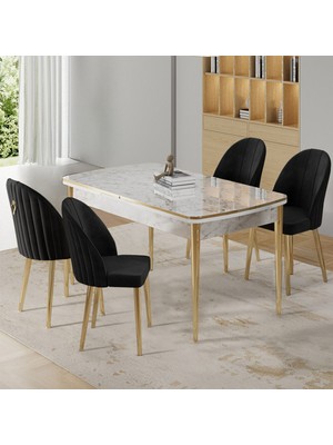 Rada Serisi 80X132 Açılabilir Lak Panel Beyaz Mermer Desen Masa 4 Siyah Sandalye Gold Detay