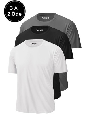 Rich Erkek 3'Lü Siyah-Beyaz-Antrasit Paket %100 Pamuk Slim Fit Sporcu Tişört Basic Bisiklet Yaka Kısa Kollu T-Shirt
