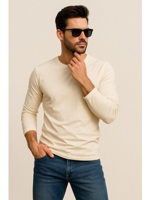 Erkek Bisiklet Yaka Bej Body %100 Pamuk Uzun Kollu Tişört Erkek Düz T-Shirt