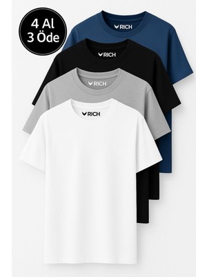 Erkek 4 Lü Paket %100 Pamuk Oversize Tişört Basic Bisiklet Yaka Kısa Kollu T-Shirt