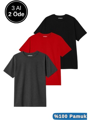 Erkek 3lü Paket Siyah-Kırmızı-Antrasit Pamuklu Oversize Tişört Bisiklet Yaka Kısa Kollu T-Shirt