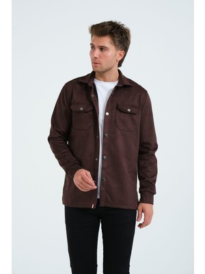 Kahverengi Erkek Süet Gömlek Tişört Üstü Kalın Gömlek Ceket