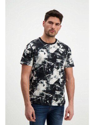 Siyah Desenli Erkek Bisiklet Yaka T-Shirt