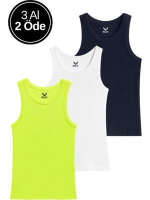 Rich Kadın 3'lü Paket Lacivert-Beyaz-F. Yeşil Sıfır Kol Kaşkorse Body-Bisiklet Yaka %100 Pamuk Atlet Bluz
