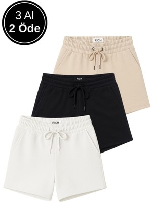 Rich Kadın 3'lü Paket Bej-Siyah-Beyaz Rahat Kesim Yumuşak Kumaş Beli Lastikli Yazlık Cepli Mini Şort