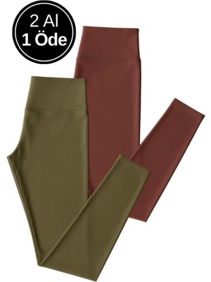 Rich Kadın 2'li Paket Uzun Tayt Haki - Mor Yüksek Bel Toparlayıcı Esnek Günlük Ve Spor Uzun Tayt