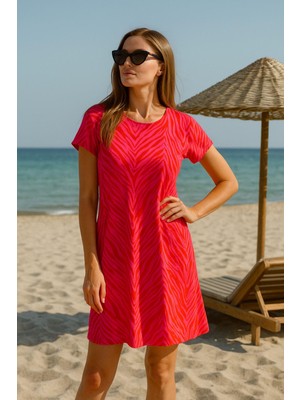 Rich Kadın Fuşya Zebra Desenli Oversize Plaj Elbisesi - V Yaka Rahat Kesim Yazlık Pareo Elbise