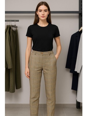 Rich Kadın Kahverengi Çizgili Pantolon – Yüksek Bel, Havuç Paça, Rahat Kesim Günlük ve Ofis Şıklığ