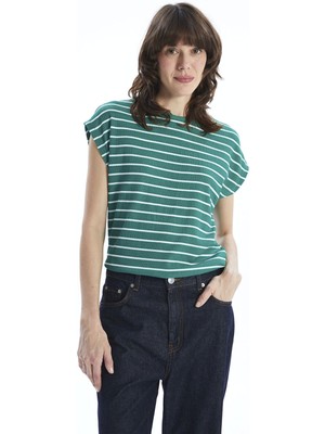 Lcwaıkıkı Classic Yeşil Bisiklet Yaka Çizgili Kadın Tişört