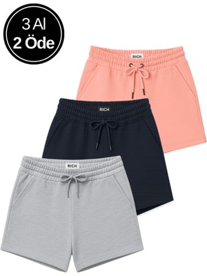 Rich Kadın 3'lü Paket Pembe-Lacivert-Gri Rahat Kesim Yumuşak Kumaş Beli Lastikli Yazlık Cepli Mini Şort
