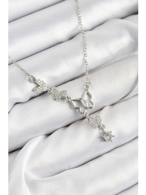 Bfs 316L Çelik Zirkon Taşlı Kelebek Model Gümüş Renk Kadın Kolye