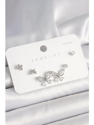 Bfs 925 Ayar Gümüş Çivi Pirinç Gümüş Renk Zirkon Taşlı Kelebek Model Kadın Küpe Seti