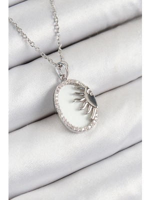 Bfs 316L Çelik Zirkon Taşlı Yarım Güneş Model Gümüş Renk Kadın Kolye