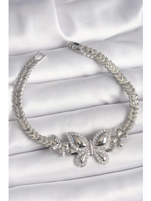 Bfs Pirinç Gümüş Renk Zirkon Taşlı Kelebek Model Kadın Bileklik