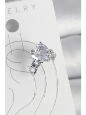 Bfs Pirinç Gümüş Renk Zirkon Taşlı Kalp Model Kadın Kıkırdak Küpe