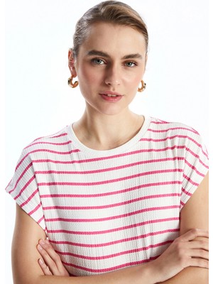 Lcwaıkıkı Classic Pembe Bisiklet Yaka Çizgili Kadın Tişört