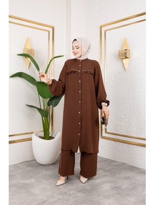 Ayrobin Kumaş Inci Detaylı Takım / T112 - Kahverengi