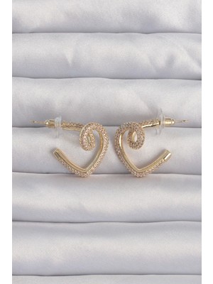 Bfs Pirinç Gold Renk Zirkon Taşlı Kıvrımlı Yarım Kalp Küpe