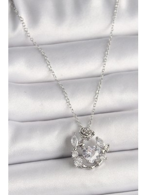 Bfs 316L Çelik Gümüş Renk Zincir Zirkon Taşlı Kalp Figür Gül Detay Kadın Kolye