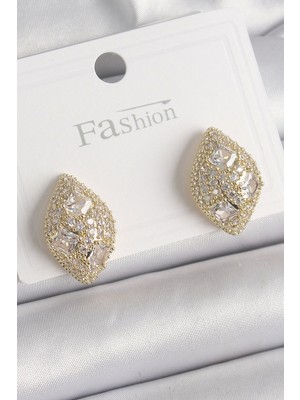 Bfs Pirinç Gold Renk Zirkon Taş Işlemeli Damla Model Kadın Küpe