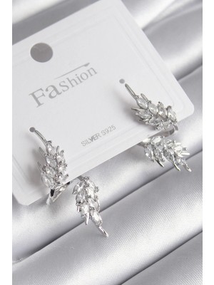 Bfs Pirinç Gümüş Renk Zirkon Taşlı Yaprak Model Kadın Küpe