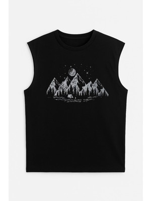 Erkek Bisiklet Yaka Baskılı Siyah Kolsuz T-Shirt