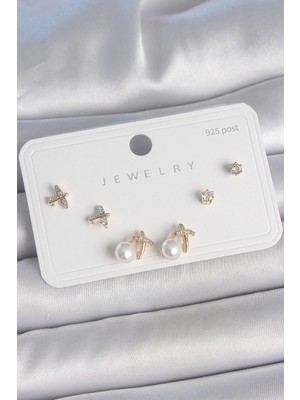 Bfs Pirinç Gold Renk Zirkon Taşlı Kelebek Model Inci Detay 925 Ayar Gümüş Çivi Kadın Küpe Seti