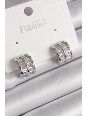 Bfs Pirinç Gümüş Renk Çift Sıra Zirkon Taşlı Kadın Küpe