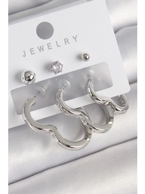 Bfs Pirinç Gümüş Renk Kalp Model Zirkon Taş Topçuk Detay Kadın Küpe Seti