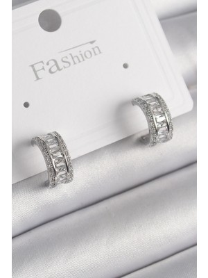 Bfs Pirinç Gümüş Renk Zirkon Taşlı Halka Model Kadın Küpe