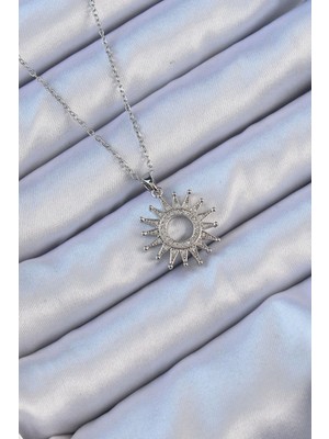 Bfs 316L Çelik Zincir Gümüş Renk Zirkon Taşlı Parlayan Güneş Kolye