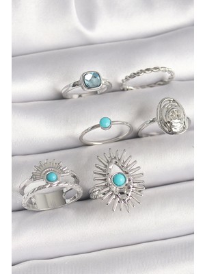 Bfs Pirinç Gümüş Renk Mavi Taşlı Kare Zirkon Taş Detaylı Kadın Yüzük Kombini