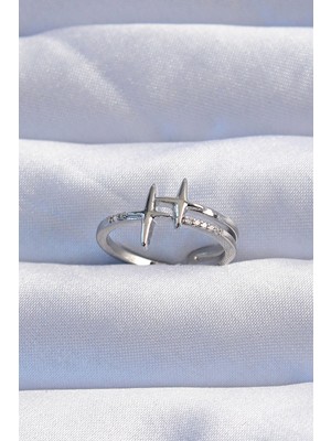 Bfs Pirinç Gümüş Renk Zirkon Taşlı 2li Görünüm Ayarlanabilir Yıldız Model Yüzük