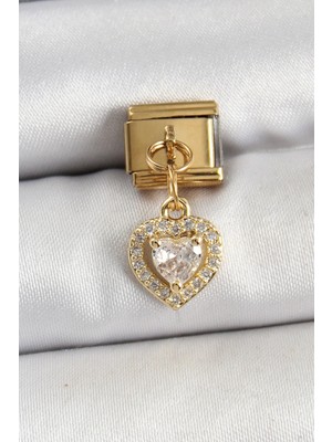 Bfs 316L Çelik Sallantılı Zirkon Taşlı Kalp Model Gold Renk Nomination Charm