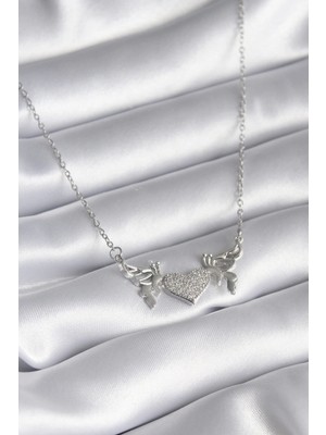 Bfs 316L Çelik Gümüş Renk Zirkon Taşlı Kanat Kalp Model Kadın Kolye