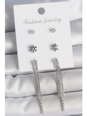 Bfs Pirinç Gold Renk Zirkon Taşlı Sallantılı Çiçek Detay 3 Çfit Kadın Küpe Seti