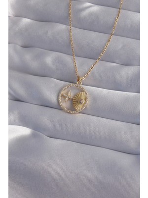Bfs 316L Çelik Zincir Gold Renk Zirkon Taşlı Yıldız Figürlü Oval Kolye