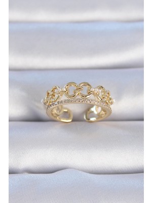 Bfs Pirinç Gold Renk Zirkon Taşlı Inci Detay Kadın Yüzük