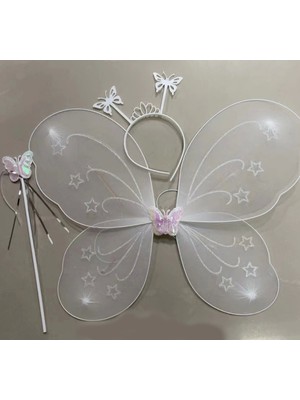 Beyaz Renk Kelebek Kanadı Tacı ve Sopası 50X37 cm